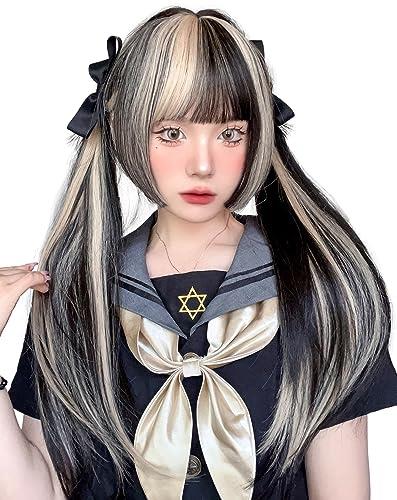 Limakara ウィッグ ロング 姫カット ストレート インナーカラー グラデーション 自然 セミロング フルウィッグ かつら 姫髪 wig レディース 小顔 原宿系 ロリータ 耐熱 ぱっつん ハロウィン ネット/櫛付き 黒・亜麻金