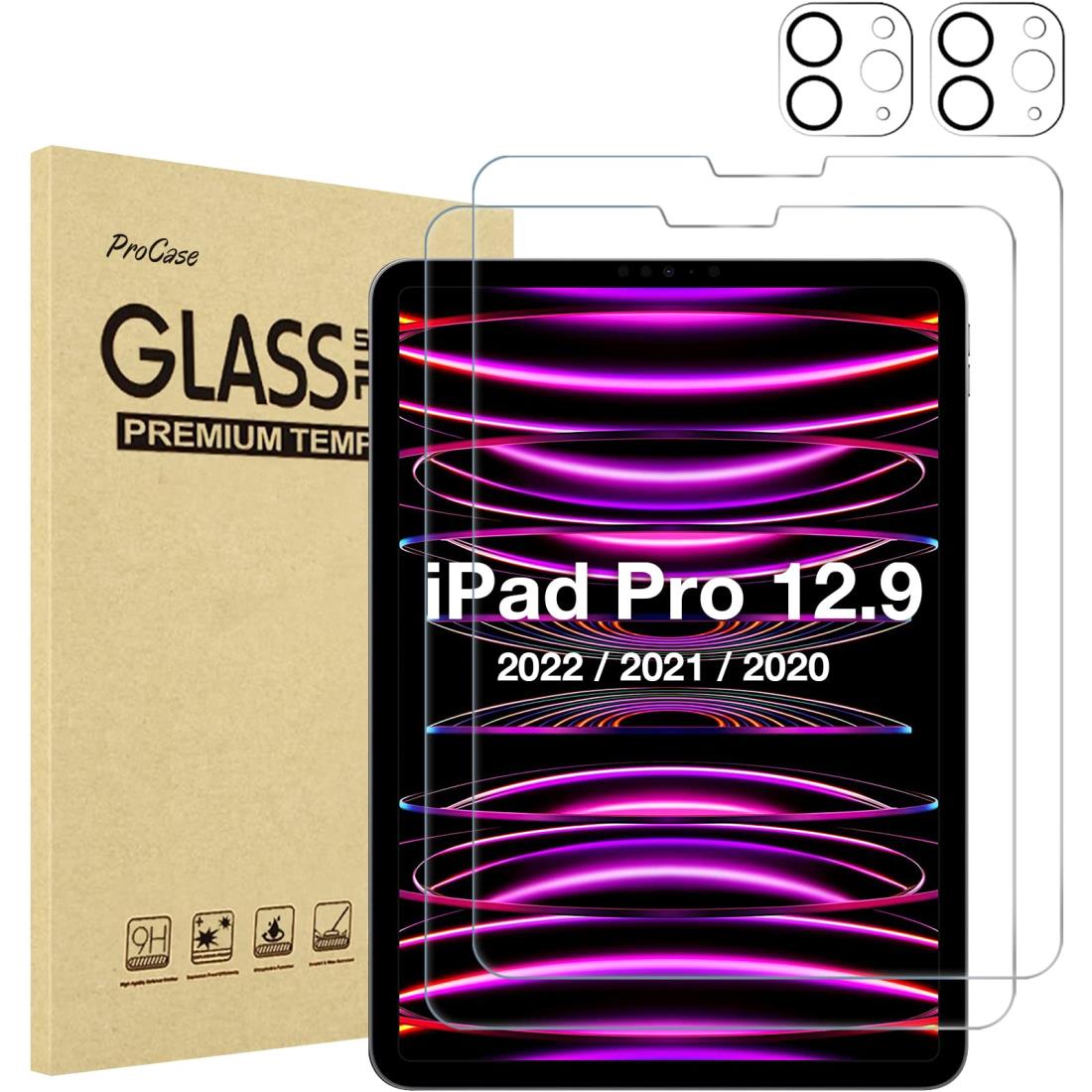 Procase iPad Pro 12.9 ガラスフィルム 2枚 レンズ保護 2枚 耐衝撃 適用機種：iPad Pro 12.9 6世代、5世代、4世代