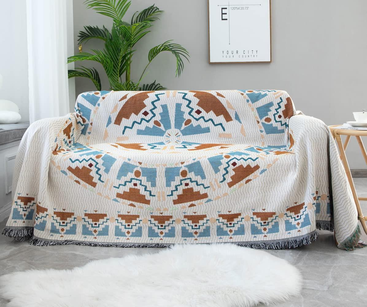 HomeFirst マルチカバー 長方形 マルチカバー ソファ おしゃれ ソファーカバー 多機能 ブランケット ベッドカバー フリンジ付き 綿 1人掛け 2人掛け カウチ ベッドカバー 毛布 テーブルクロス テーブル掛け枚 両面使える 水洗い 四季通用（130*180cm)