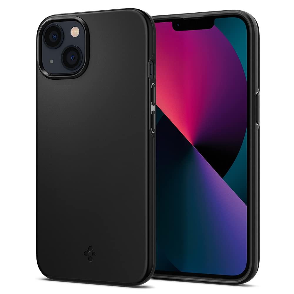 Spigen iPhone13Miniケース 耐衝撃 マット感 米軍MIL規格取得 厚さ1.55mm 2重構造 PC素材 さらさら 超極薄 レンズ保護 超薄型 超軽量 指紋防止 擦り傷防止 ワイヤレス充電対応 シン・フィット ACS03678 (ブラック)