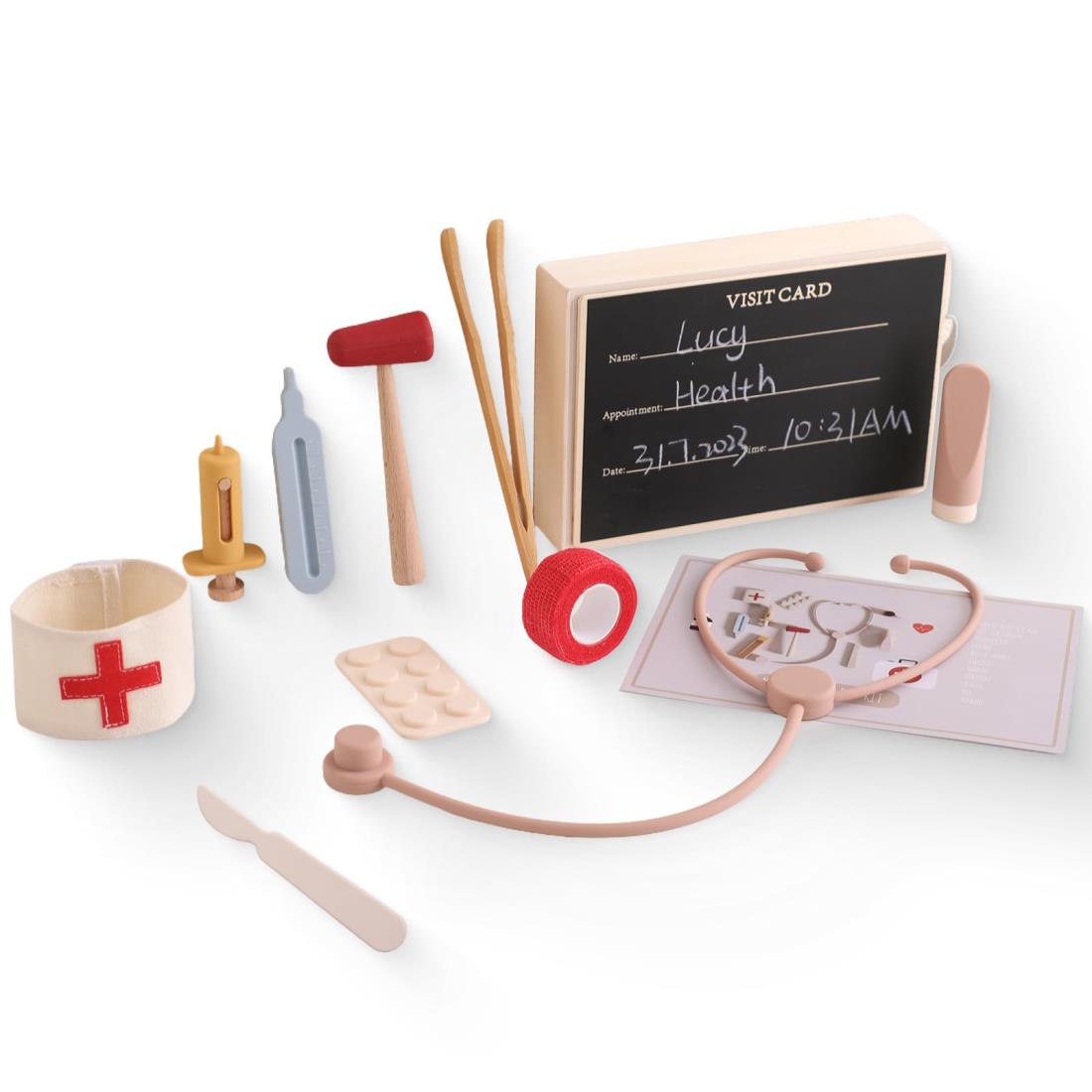 Wooden Teether お医者さんごっこ お医者さんセット おもちゃ シリコン ミニドクターセット 11点セット 収納ボックス付き ごっこ遊び おままごセ...