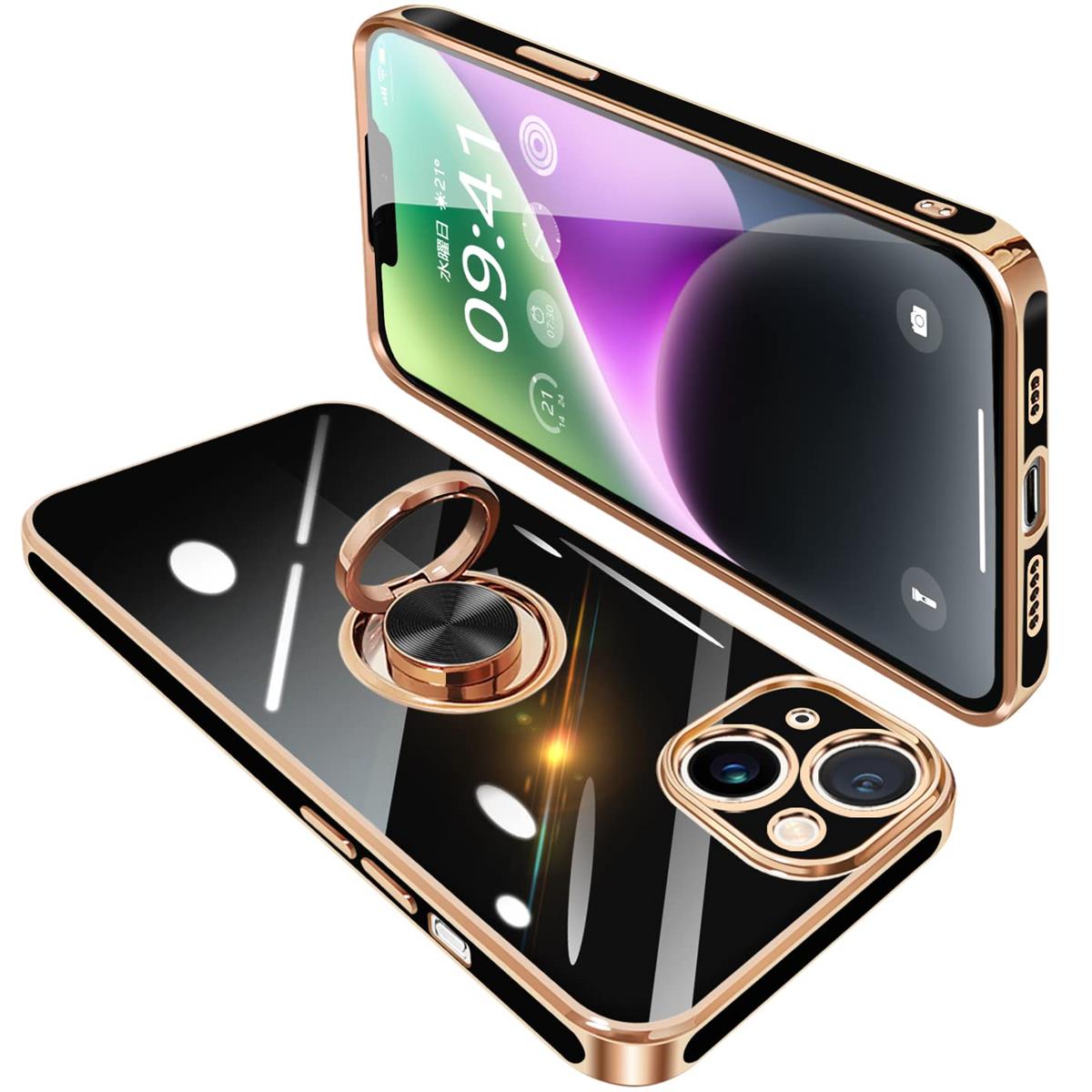乐天商城 - iPhone14 ケース リング付き アイフォン14 リング カバー 耐衝撃 TPU 360°回転 スタンド機能 メッキ加工 車載ホルダー ストラップホール付き 6.1インチ（ブラック）