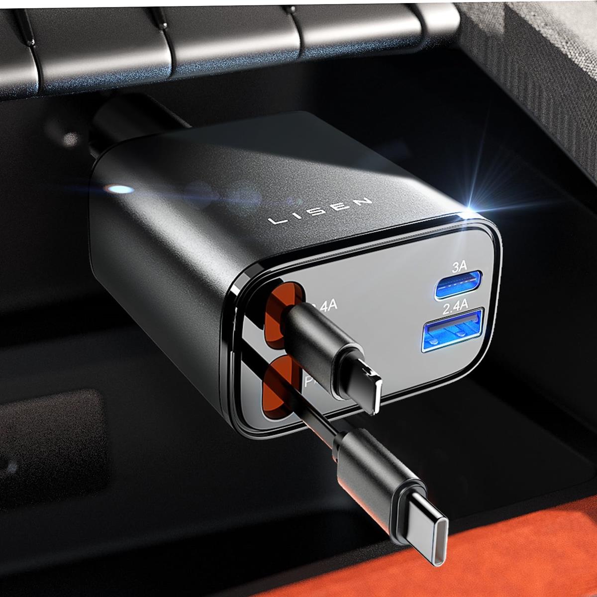LISEN 4in1車 充電器 巻き取り式 シガーソケット USB-C しがーソケットUSB 急速充 ...