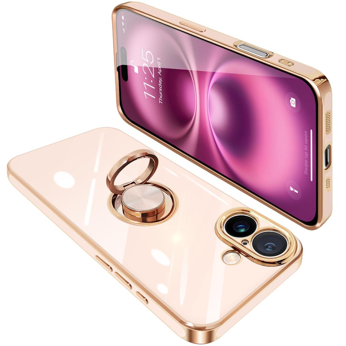 iPhone16 Plus ケース リング付き アイフォン16Plus リング カバー 耐衝撃 TPU 360°回転 スタンド機能 メッキ加工 車載ホルダー ストラップホール付き 6.7インチ（ピンク）(2)