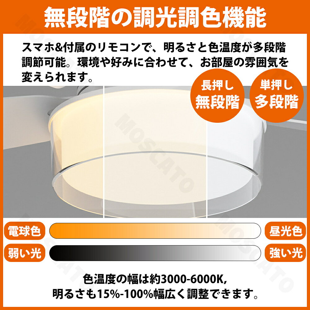 シーリングファンライト リモコン付き 天井 シーリングライト ファン DCモーター LEDシーリングライト 薄型 シーリングファン ファン付 LED電球 天井照明 北欧 扇風機 おしゃれ リビング 軽量 小型 静か 調光調色 E26 6畳 引っ掛け 脱衣所 洗面所 moscato-10000334 モスカート サンプル画像3