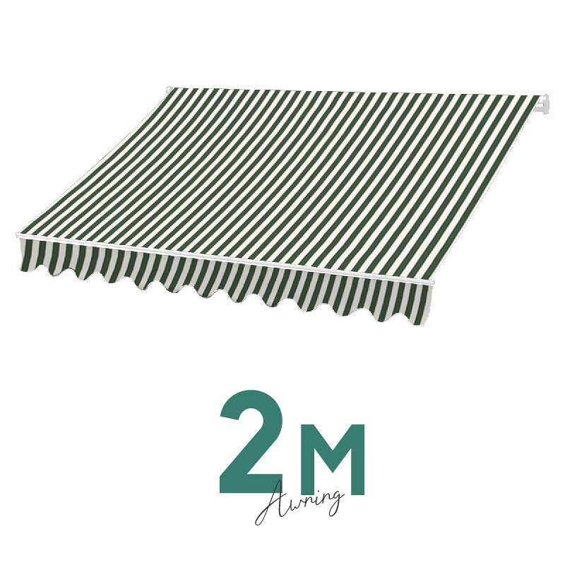 乐天商城 - オーニングテント 2M 張出 1.5m 巻き取り式 防水 格納式 手動 白フレーム ストライプ グリーン ホワイト 緑 白 折りたたみ 折り畳み 日除けシェード サンシェード スクリーン 日よけ 雨よけ ベランダ バルコニー