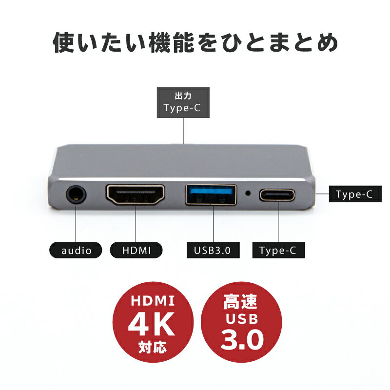 usbハブ 3.0 コンセント type-c ケーブル 5in1 充電 電源 高速 イヤホンジャック 増設 パソコン PC ipad スマホ テレビ接続 4K対応 HDMI PD コンパクト 【送料無料】