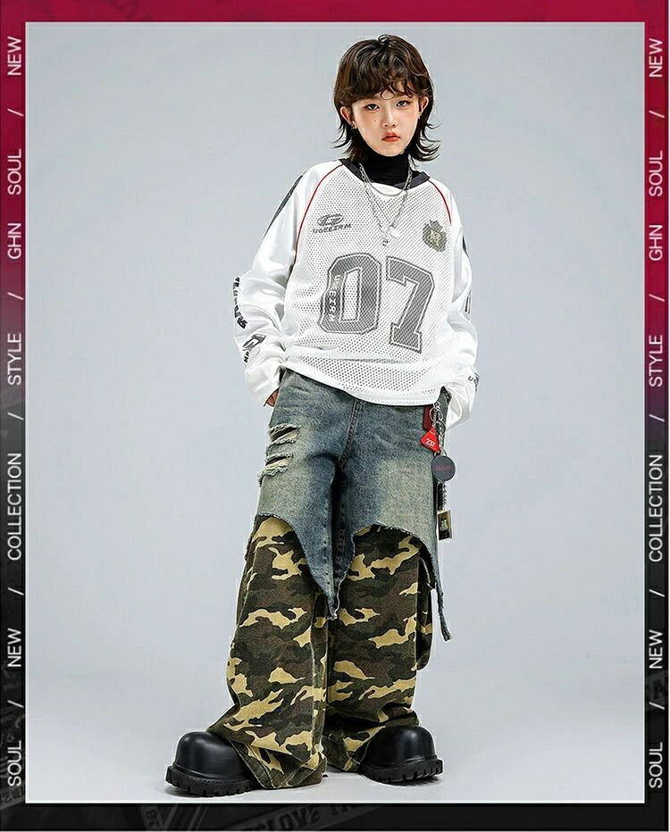 キッズダンス衣装 子供 ヒップホップ ストリート セットアップ メッシュロングスリーブトップス デニム×カモフラージュ切替パンツ 発表会 イベント ステージ レッスン 団体衣装 舞台衣装 おしゃれ かっこいい 動きやすい