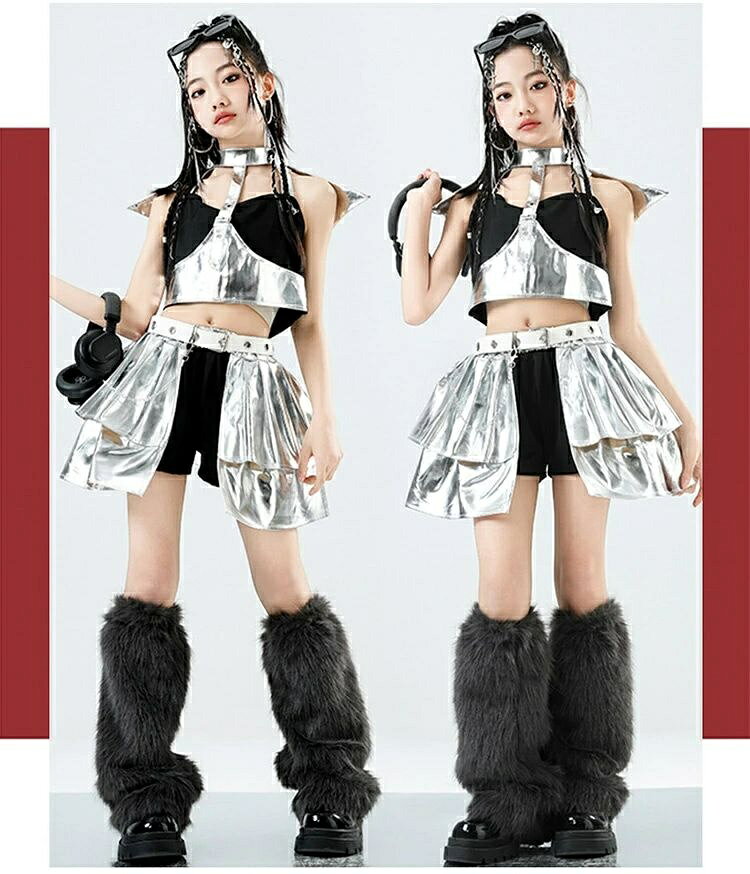 キッズダンス衣装 女の子 K-POP セットアップ メタリックオフショルダートップス ...
