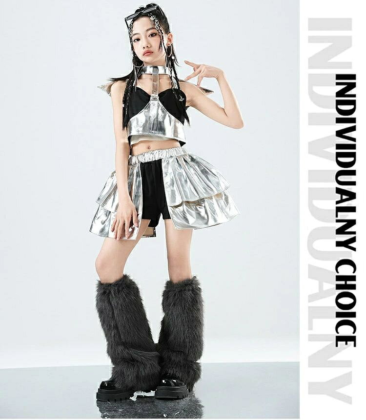 キッズダンス衣装 女の子 K-POP セットアップ メタリックオフショルダートップス ...