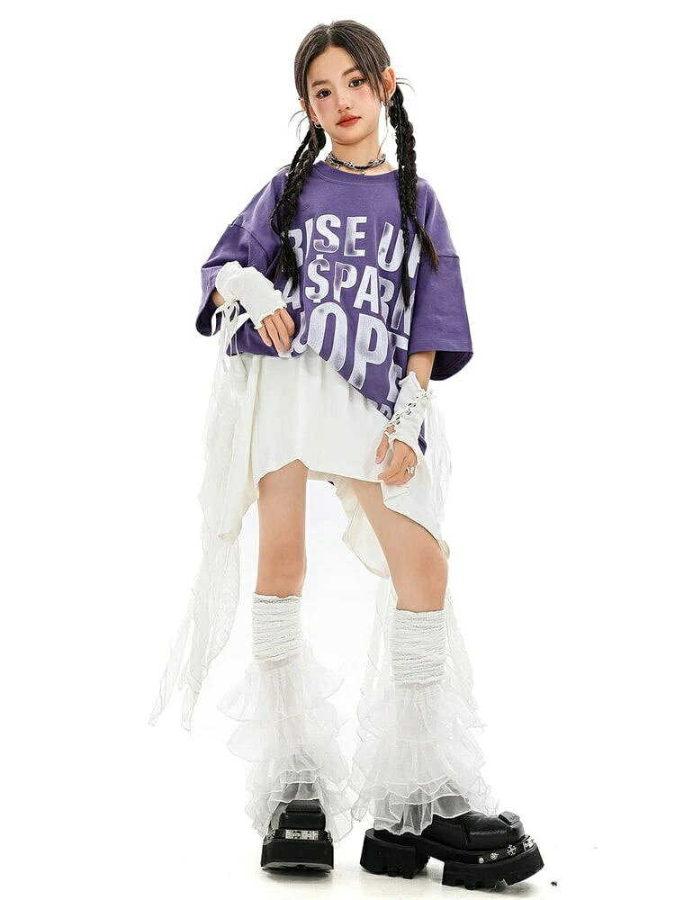 キッズダンス衣装 女の子 HIP-HOP セットアップ パープルアルファベットプリントオーバーサイズTシャツ ホワイト不規則裾スカート 発表会 ステージ レッスン 団体衣装 舞台衣装 イベント おしゃれ かっこいい 動きやすい ストリートスタイル 3