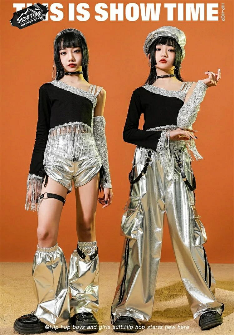 キッズダンス衣装 女の子 K-POP ヒップホップ セットアップ フリンジ付き肩出しト...