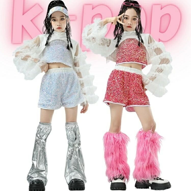 乐天商城 - キッズK-POPダンス衣装 女の子 セットアップ シルバー キラキラクロップトップス ショートパンツ フリルネット袖オーバー レッグウォーマー 発表会 ステージ コンテスト おしゃれ かっこいい 舞台衣装 団体衣装 チーム衣装