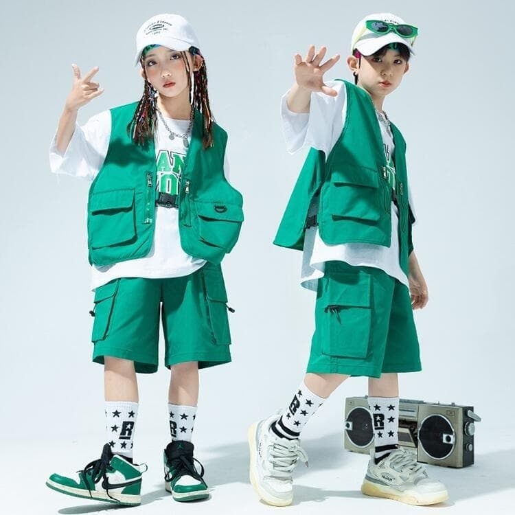 グリーン ベスト 短パンツ キッズ ダンス衣装 セットアップ 女の子 男の子 子供 お...
