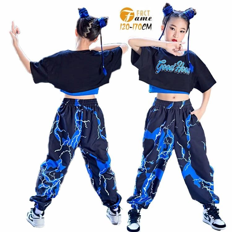 ガールズ ダンス衣装 セットアップ へそ出し ブルー 半袖 3点セット カーゴパンツ チアガール 応援 女の子 ジャズ 可愛い k-pop 舞台服 演出服 発表会 ジュニア hiphop 120-170