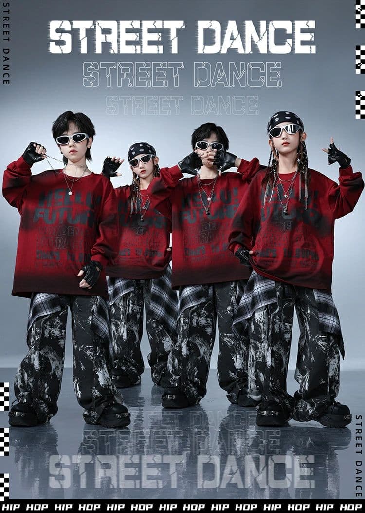 赤 黒 プリントトップセット キッズ ダンス 衣装 y2k ヒップホップ ストリート 韓国風 セットアップ グラデーション プリント パンツ 女の子 男の子 個性派 おしゃれ ステージ衣装 イベント発表会 派手 ダンスウエア 学園祭 練習着 普段着 ファッション 110〜180cm