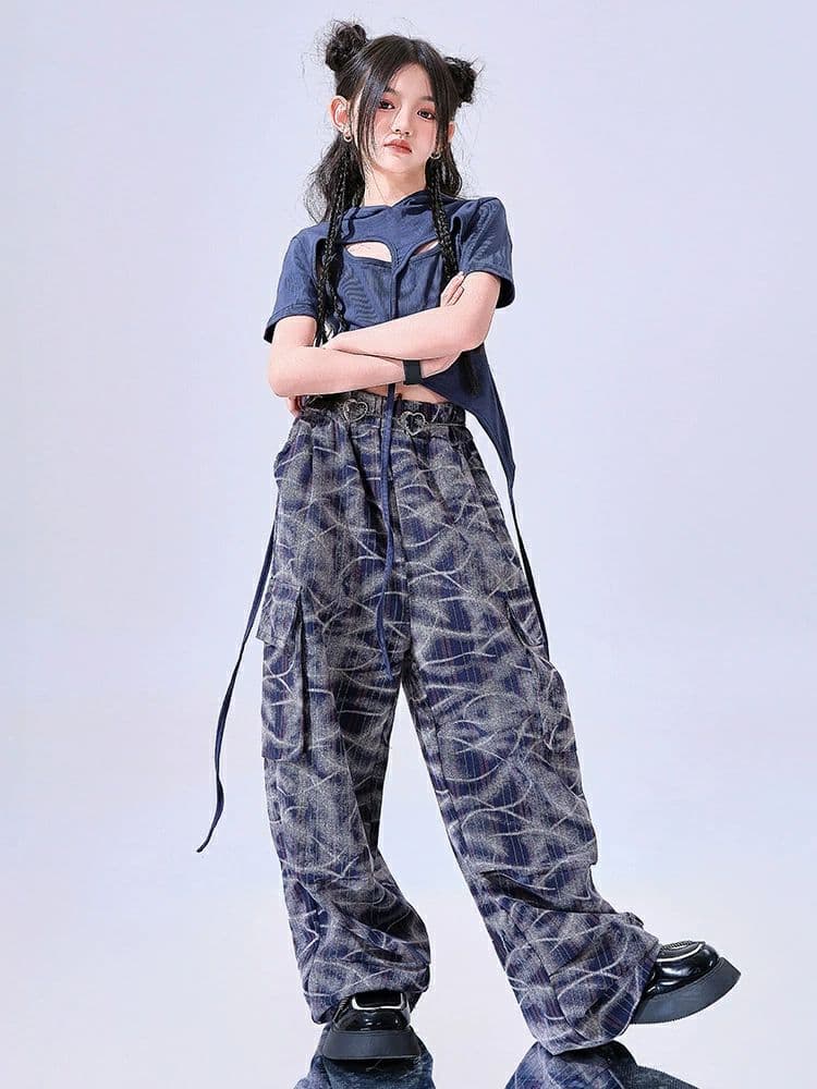 マーブル柄 カーゴパンツ キッズ ダンス衣装 子供服 セットアップ 白 へそ出し ト...