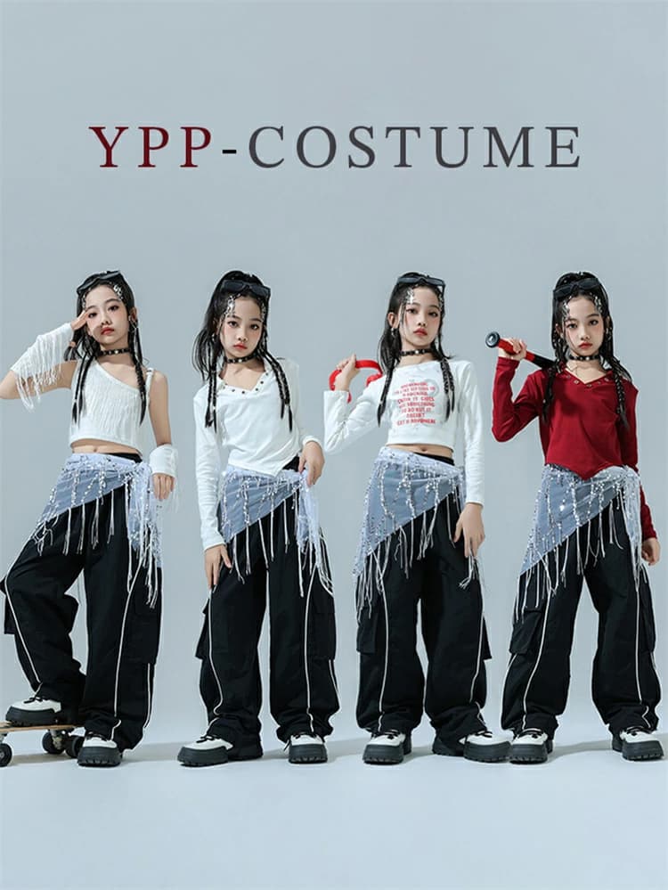 ゴールドベルのキッズダンス 長袖 女の子 へそ出し ズボン ダンス衣装 ジャッズ ヒップホップ 長ズボン ストリート系 団体服 発表会 応援団 カッコイイ オシャレ jazz DJ K-POP 舞台 練習着 団体服 応援団 発表会 110-180cm｜アングル2