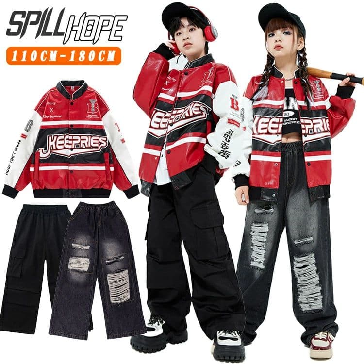 キッズ HIPHOPダンス衣装 セットアップ 男女兼用 ストリート系 K-POP発表会ステージ衣装 ジュニアストリートダンス演出服 かっこいい舞台映えチーム衣装