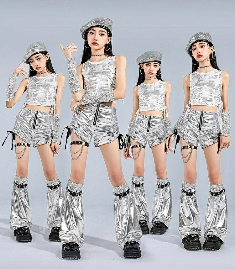 キッズダンス衣装 女の子 ヒップホップ セットアップ トップス シルバー 発表会 ス...