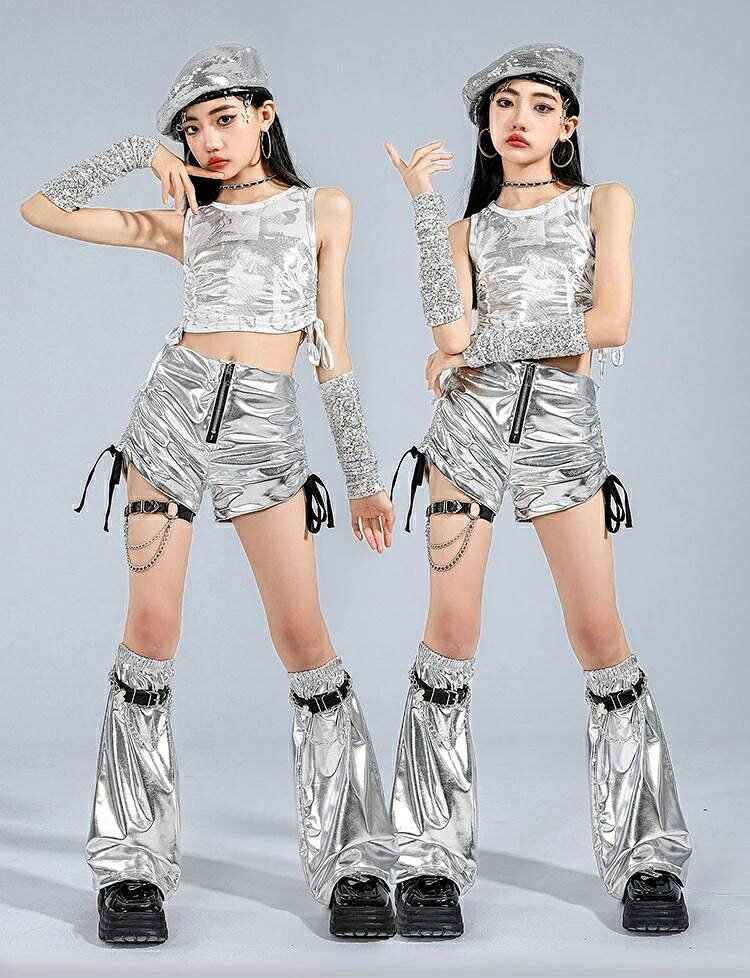 キッズダンス衣装 女の子 ヒップホップ セットアップ トップス シルバー 発表会 ス...