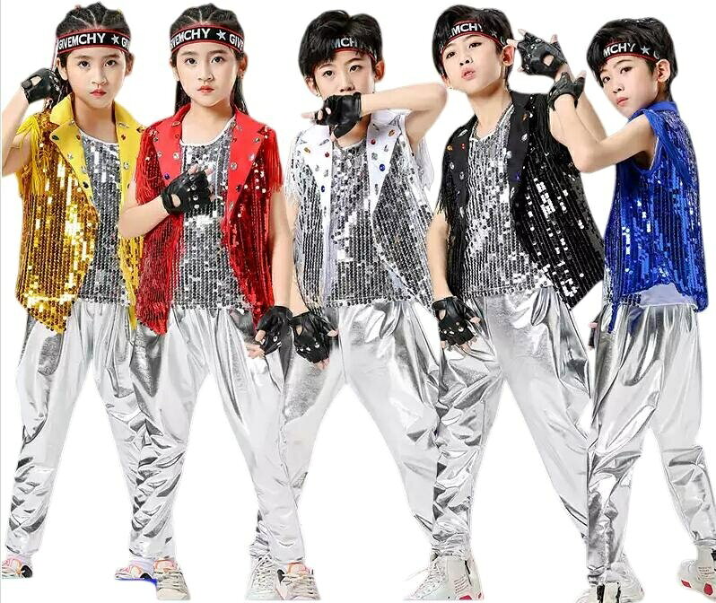 ダンス衣装 子供兼用 HIP-HOP セットアップ スパンコールベスト・タンクトップ・シルバー光沢パンツ・手袋・ヘッドバンド ゴールド シルバー 発表会 ステージ レッスン 団体衣装 舞台衣装 イベント かっこいい ステージ映え