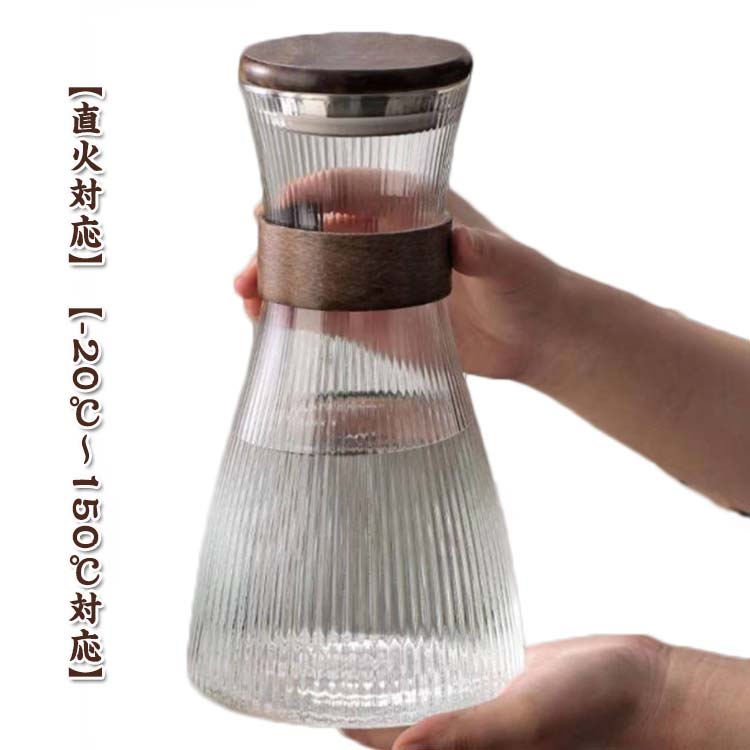 ガラスピッチャー 直火 耐熱 ガラスポット ガラスケトル 大容量 木蓋付き 耐熱ガラス 麦茶ポット 水差..