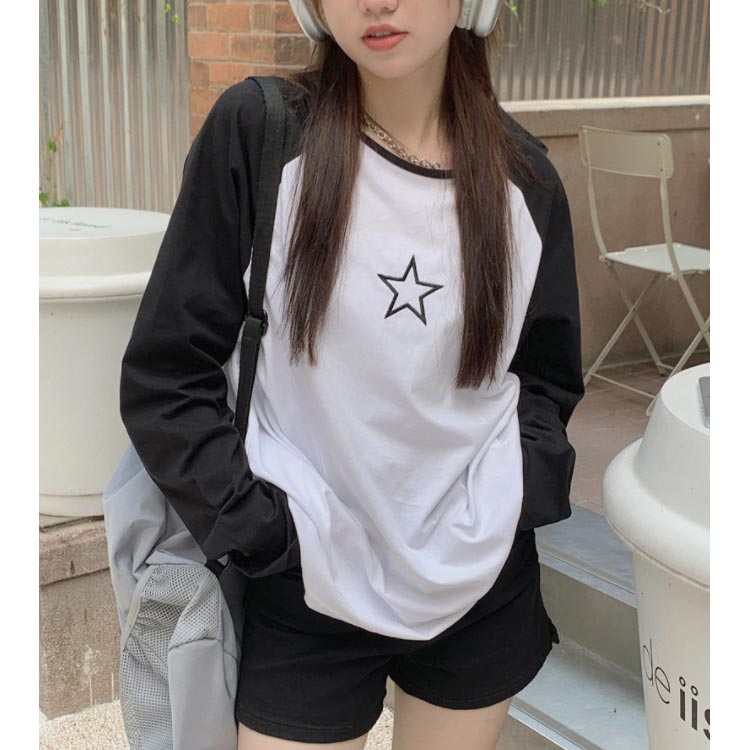 ラグランTシャツ Tシャツ ラグラン トップス 長袖 ロンT ファッション レディース ゆったり 大きいサイズ 体型カバー カジュアル おしゃれ 星柄 かわいい ラウンドネック 長袖tシャツ インナー 重ね着 可愛い 送料無料 mosmileshop-10004714 MOスマイルショップ サンプル画像3