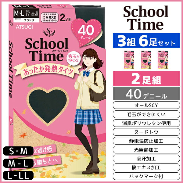 3組セット 計6足 School time スクールタイム 40デニール スクールタイツ 2足組 アツギ ATSUGI レディース レディス 女性 タイツ スクール 学校 通学 通学用 女の子 小学生 中学生 高校生 制服 キッズ 子供 学生 学生用 暖かい 発熱タイツ あったか 毛玉になりにくい 黒