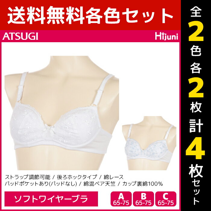 2色2枚ずつ 送料無料4枚セット ジュニアレディース Hijuni ハイジュニ 綿レース 超ソフトワイヤーブラジャー ブラ アツギ ATSUGI | 女の子 中学生 高校生 小学生 ブラジャー 子供 ティーンズ ガールズ ジュニア キッズ 女性 ジュニアブラ キッズブラ かわいい おしゃれ 下着