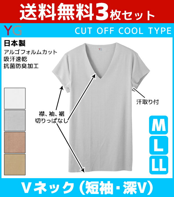 送料無料3枚セット YG ワイジー クールタイプ CUT OFF カットオフ 脇パッド付きVネックTシャツ 半袖V首 短袖 グンゼ GUNZE 日本製 夏 下着 夏用 インナー 大きいサイズ 半袖 インナーシャツ tシャツ メンズ肌着 肌着 vネック メンズインナー アンダーウェア インナーウェア