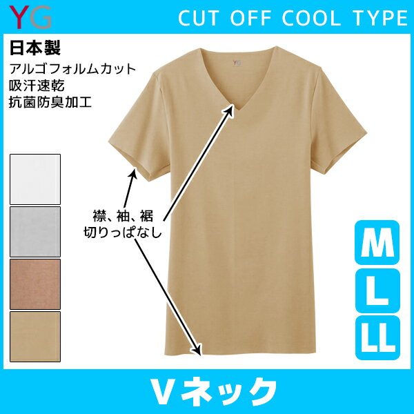 YG VネックTシャツ 半袖V首 グンゼYG ワイジー クールタイプ CUT OFF VネックTシャツ 半袖V首 グンゼ GUNZE 通販【商品情報】【YG(ワイジー)】とはカラダをやさしく包み込み、絶妙なフィット感を実現した「着心地を感じる」インナーです。●商品説明“Young mind, Gentle style”の略で、さりげなくここちよく内側から装う「YG」の2018年春夏商品。●商品特性：切りっぱなし・アルゴフォルム・ベアフライス・綿レーヨン強撚糸・耐久柔軟・抗菌防臭加工●素材：綿35％・ポリエステル30％・レーヨン20％・ポリウレタン15％●サイズ：【M】【L】【LL】●メーカー：GUNZE（グンゼ）※実際の商品と画面上の色は異なる場合がありますので、ご了承ください。※サイズ表はこちら●男性下着・紳士肌着・メンズインナーメーカー希望小売価格はメーカーカタログに基づいて掲載しています●ラッピング無料（詳しくはこちら）　誕生日プレゼント・バースデープレゼント・クリスマスプレゼント　バレンタインデー・ホワイトデー・各種記念日・各種お祝い・父の日　母の日・敬老の日・彼氏や彼女への贈り物・ギフトや贈答品など　簡易的な箱と包装紙のみになりますが対応致します。【はこぽす対応商品】【コンビニ受取対応商品】【楽天BOX受取対象商品】　「カッコよくて気持ちいい」がコンセプト♪ 　「着心地を感じる」インナーです♪ 　3つの「気持ちいい」が着心地のヒミツ♪ 　アウトドアなデザインのオシャレインナー♪