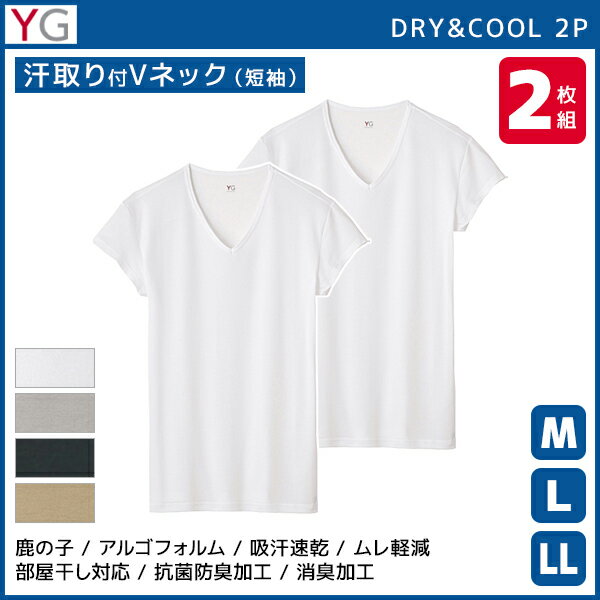 YG ワイジー DRY&COOL 汗取り付きVネックTシャツ 短袖 半袖V首 2枚組 グンゼ GUNZE | メンズ 紳士 男性 肌着 インナー インナーシャツ vネック vネックインナー 半袖 半袖tシャツ 半袖インナー メンズインナーシャツ 脇汗 脇汗対策 汗取り 汗とり 汗取りインナー 男性肌着