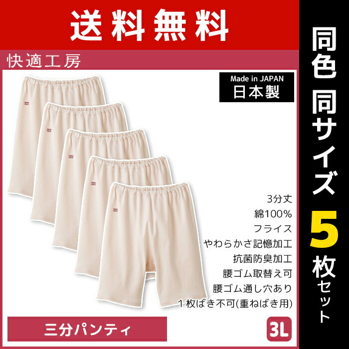 送料無料 同色5枚セット 快適工房 三分パンティ 3Lサイズ 大きいサイズ 綿100% 日本製 グン