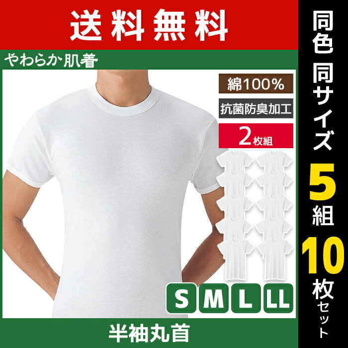 送料無料 同色5組セット 計10枚 やわらか肌着 半袖丸首シャツ 2枚組 クルーネック Tシャツ グンゼ GUNZE | メンズ 男性 紳士 インナー..