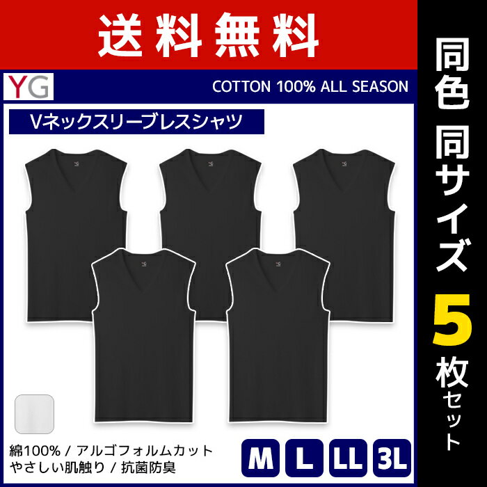 送料無料 同色5枚セット YG ワイジー COTTON100% Vネックスリーブレスシャツ ノースリーブ グンゼ GUNZE | メンズ 男性 紳士 肌着 下着 メンズインナー アンダーウェア インナー インナーシャツ メンズ肌着 綿100 コットン M L LL 3L スリーブレス 袖なし Vネック V首 綿