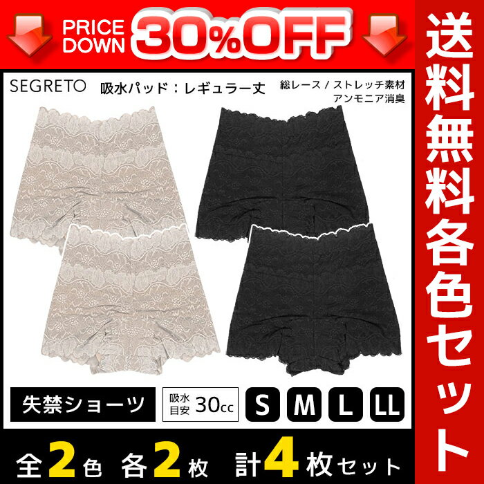 2色2枚ずつ 4枚セット SEGRET セグレート 総レース 尿漏れパンツ 約30cc吸水 女性用 婦人用 レディース レディス 尿漏れショーツ 失禁ショーツ 失禁パンツ