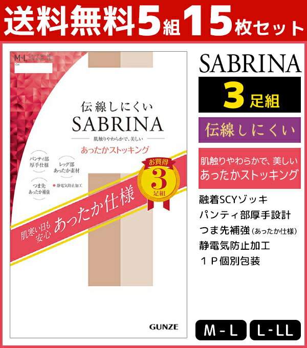 送料無料5組セット 計15枚 SABRINA サブリナ 伝線しにくい あったかストッキング 3足組 グンゼ GUNZE ストッキング パンスト レディース レディス 女性 婦人 パンティストッキング パンティーストッキング 黒 あったか 温感 防寒 暖かい あたたか 黒ストッキング ブラック