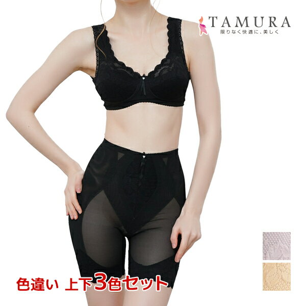 【ポイント10倍】色違い 送料無料 上下3色セット ノンワイヤーブラジャー&ガードル 上下セット シルキーボディシェイプ 多機能 補正下着 日本製 タムラ TA...