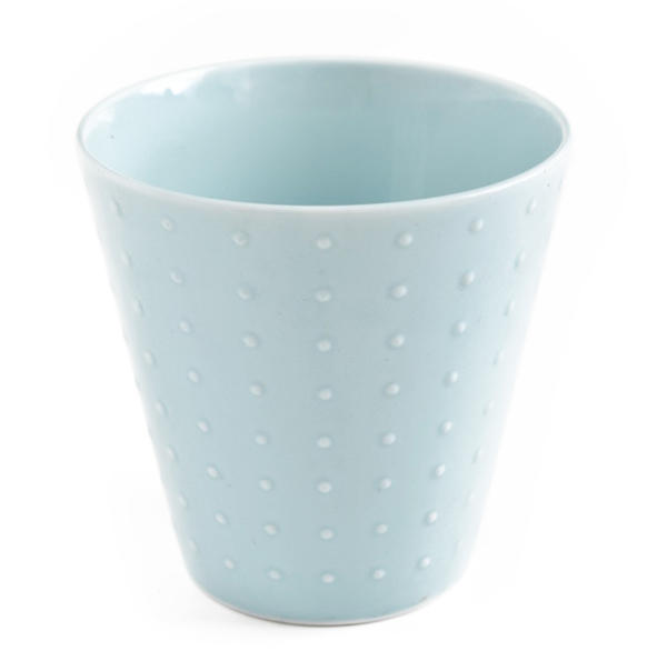 おしゃれなパステル色　水色のフラワーポット　ドット　水玉　レリーフ　カトラリー入れ　フラワースタ..