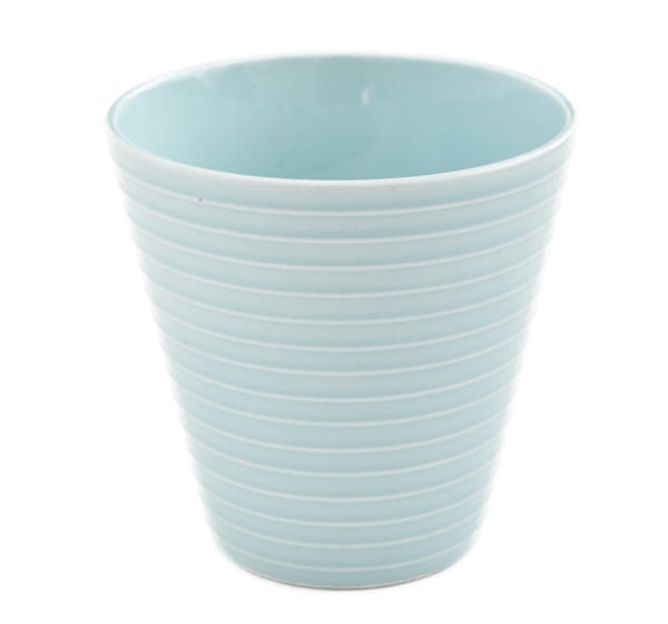 おしゃれなパステル色　水色のフラワーポット　横ストライプ　レリーフ　カトラリー入れ　フラワースタ..