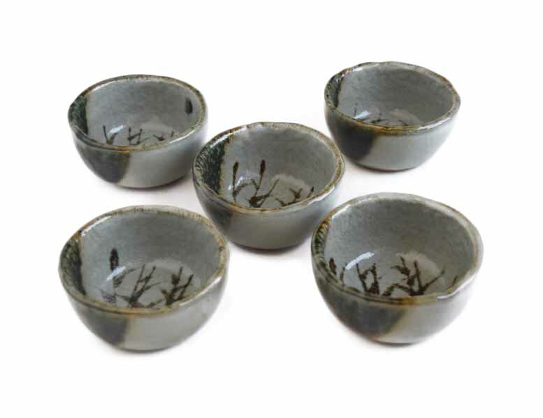 Mino Ware - 棟山窯　灰釉　織部掛け　笹絵珍味入れ　丸小鉢　5個セット 豆皿　小皿
