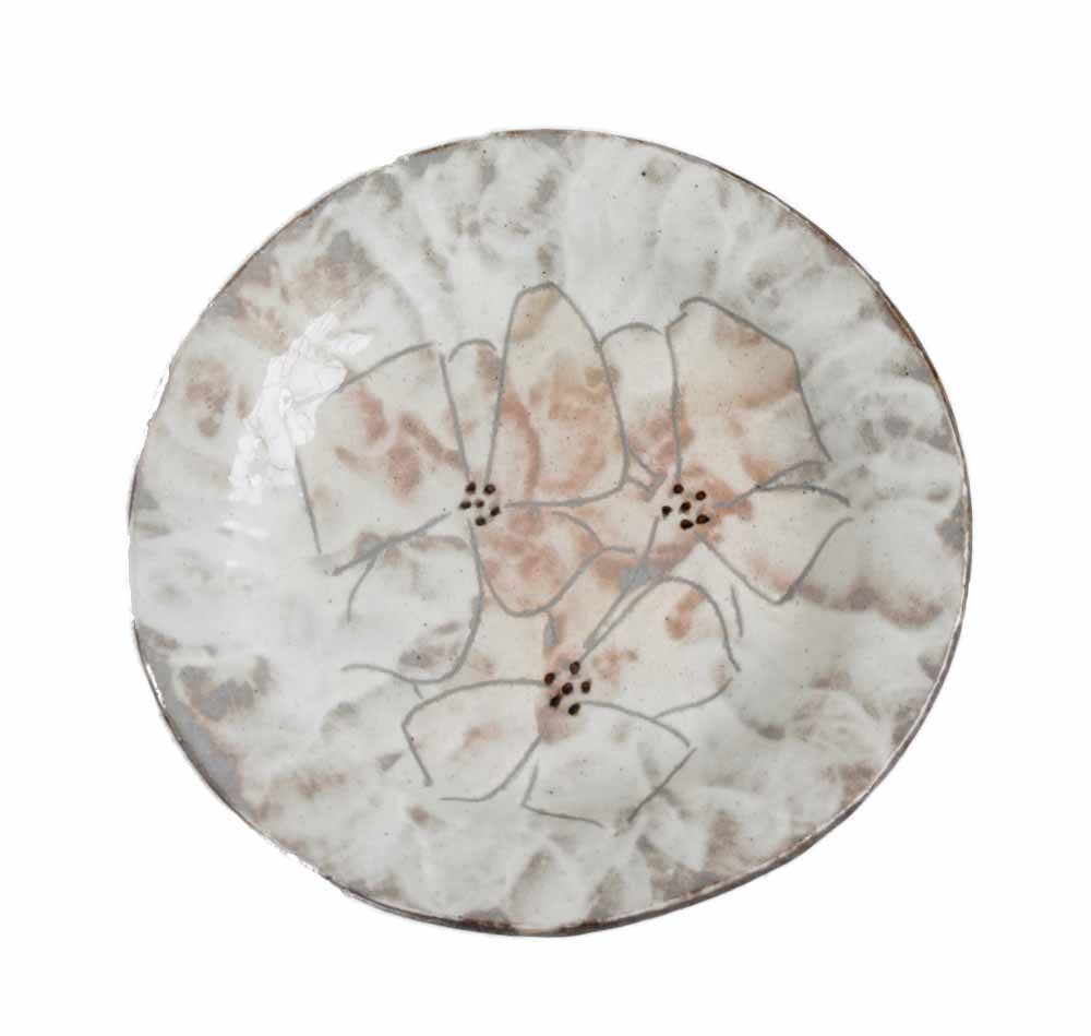 【棟山窯】御本粉引　花彫り　赤点付き　丸　五五皿　17cm　お皿　中皿 前菜皿　天皿
