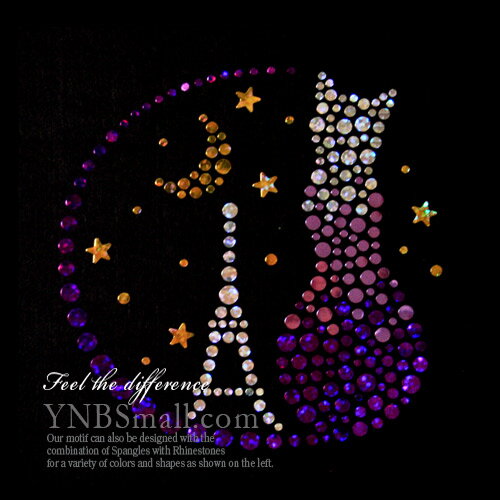 【スパングル】 スパンコールモチーフ （猫と月　moon & cat ） アイロン接着可 Mサイズ