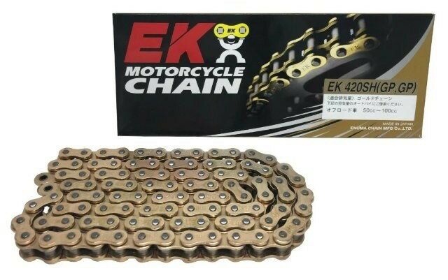 江沼チェーン EK チェーン/サイズ : 420SH(GP;GP)/リンク数 : 114/付属ジョイント : SPJ/ジョイントタイプ : クリップ/カラー : ゴールド/420SH-114