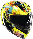 AGV K3ROSSI WINTER TEST 2019 (ロッシ ウィンターテスト 2019)2019年シーズンのウィンターテストでバレンティーノ・ロッシが着用したグラフィックを再現しました。20年以上、ロッシと歩み続けたアルド・ドゥルディ氏が手がけたグラフィックは以前は主流だった「手書き」によるアーティスティックな仕上がりになっています。 バレンティーノのイメージカラーの黄色と彼を表現するピンク、緑、ブルーを下地に大きくペイントし、シンボルマークである太陽と月、ゼッケンナンバー46を筆による手書きで表現しています。 AGV K3は、最高レベルの快適性と安全性、汎用性を実現しており、あらゆるロードライディングでのパフォーマンスを高めるまでに進化しています。 高耐久性熱可塑性素材のシェル、多密度のEPSやウルトラビジョンにより、最も厳しいとされる欧州安全規格ECE2206認証を満たすだけでなく、さらに上回った性能を発揮しています。 グローブを装着したままで操作可能なインナーバイザーは、常に最適な視界を提供します。キズ防止仕様のパノラマバイザー「ウルトラビジョン」は、周辺環境を完全に識別できるよう縦横方向ともに広い視野を確保します。防曇性に優れたMaxPinlockを装着することで、低温多湿の日でもクリアな視界を確保します。内装にはEyewear Readyを採用しており、ライディング中に眼鏡やサングラスを快適に装着できます。K3のエアロダイナミクスは、130km/hの巡航速度で動的重量ゼロを達成するように設計されており、首の筋肉への負担を軽減することで、ライディングに集中することができます。着脱可能な内側を柔らかなDry-Comfortで仕上げることで、快適性においても妥協していません。欧州安全規格ECE2206認証、SG認証取得、アジアンフィット。 アジアンフィットについて：日本国内の正規販売ネットワーク店で取り扱うAGVの「アジアンフィット」とは、日本人の頭の形にあわせてデザインされており、内装もオリジナルのものを採用しております。長時間の着用でも違和感なく、快適にご使用頂けるようになっており、欧米向けにデザインされた海外仕様とは異なります。また2年間の無料修理保証が付随するほか、内装交換時にも、国内の同ネットワーク店でアジアンフィット適合の専用パッドをご用意しておりますので、お気に入りのグラフィックを長くご愛用頂けます。スペック【通気性】調節可能なベンチレーション背面に排気ベンチレーション1箇所前面にベンチレーション4箇所【シェル】耐久性の高いサーモプラスチックシェルサイズ3種類鎖骨を安全に守るシェイプ【エアロダイナミクス】着脱可能なスポイラーエアロダイナミック性能を最大限引き出し、130km/h (80mph)でダイナミックウェイトがゼロになるよう設計されたシェル形状すべてのライディングポジションに対応【内部】着脱・洗浄可能な内部ステッチのないシームレスな構造メガネをかけてもフィットするデザイン汎用通信システムに対応アジアンフィット2Dry：瞬間的に汗を吸収【バイザー】アンチスクラッチ最大190°の水平視野角マイクロオープニングシステム特許取得済みのエクストラクイックリリースシステム道具を使用せずに着脱可能なアンチスクラッチサンバイザーを内蔵マルチステップ バイザーメカニズム100% Max Vision Pinlockを含むUVプロテクション【リテンションシステム(あご紐)】Double D (Dリング)【含まれる付属品】ウィンドプロテクター【重量】1,560g (ファーストシェルサイズ)