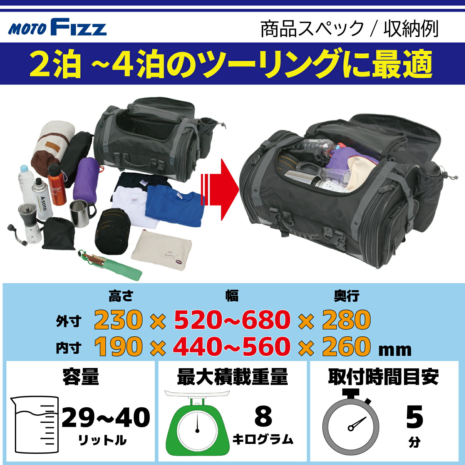 タナックス TANAX MOTOFIZZ バイク用 ミドルフィールドシートバッグ アーバンブルー 容量 29-40L MFK-275 3