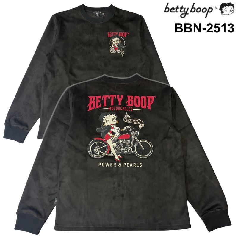 Rakuten - BETTY BOOP　ベティブープ　ロゴ刺繍　起毛プレーティング　長袖Tシャツ　ユニセックス 　カラー：ブラック　（BBN-2513）