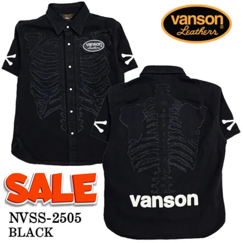 樂天商城 - 【セール！38％オフ！】VANSON　バンソン　デニムシャツ　半袖シャツ ボーン　メンズ　カラー：ブラック　(NVSS-2505)