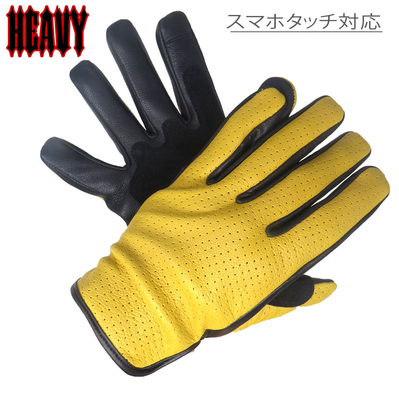 【送料無料】HEAVY 山羊革パンチングメッシュグローブ　穴あき　スマホタッチ対応　キャメル　 モトブルーズオリジナル ライディング　サマーグローブ　バイク　夏用（HGGP-02P-CAM）